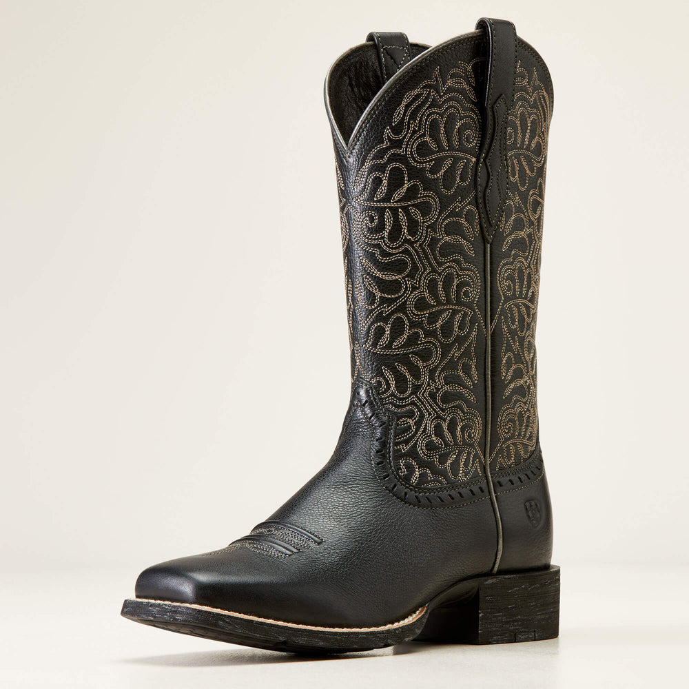 Round Up Remuda Wide Square Toe Western Boot Women - BLACK DEERTAN