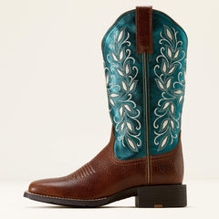 Round Up Holly Wide Square Toe Western Boot Women - BEASTY BROWN/METALLIC SEA