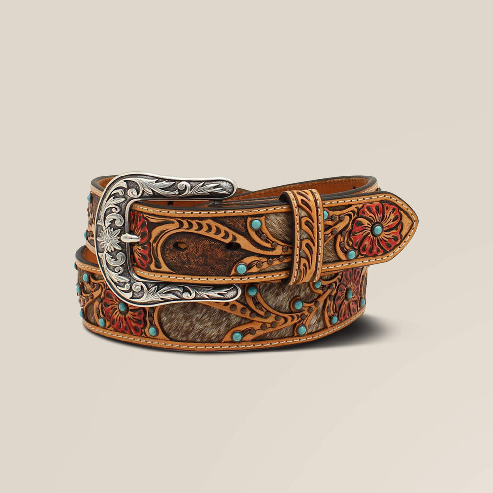 Flower/Calf Hair Belt Women - TAN