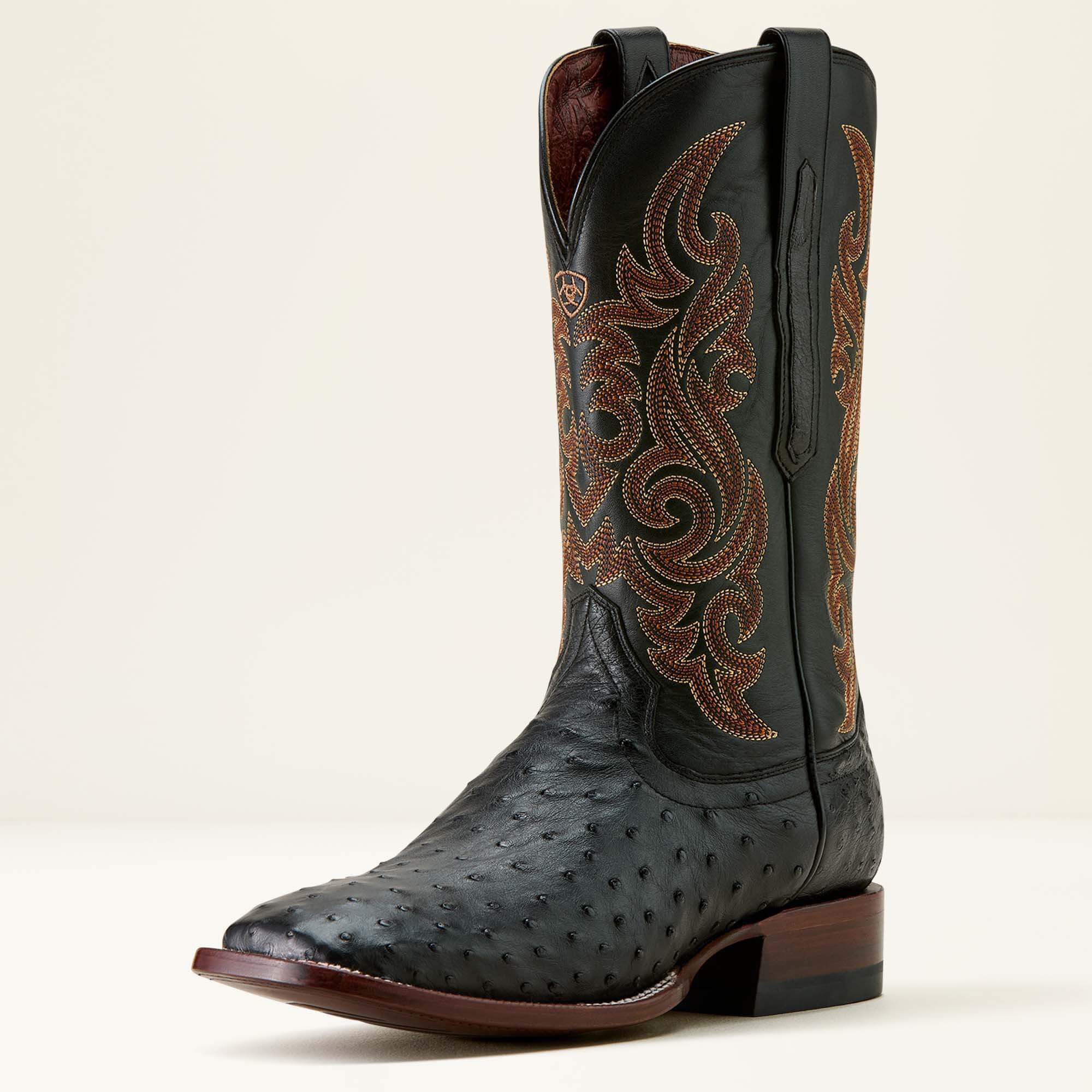 Classic Cash Wide Square Toe Western Boot Men - BLACK FULL QUILL OSTRICH/MIDNIGHT BLACK
