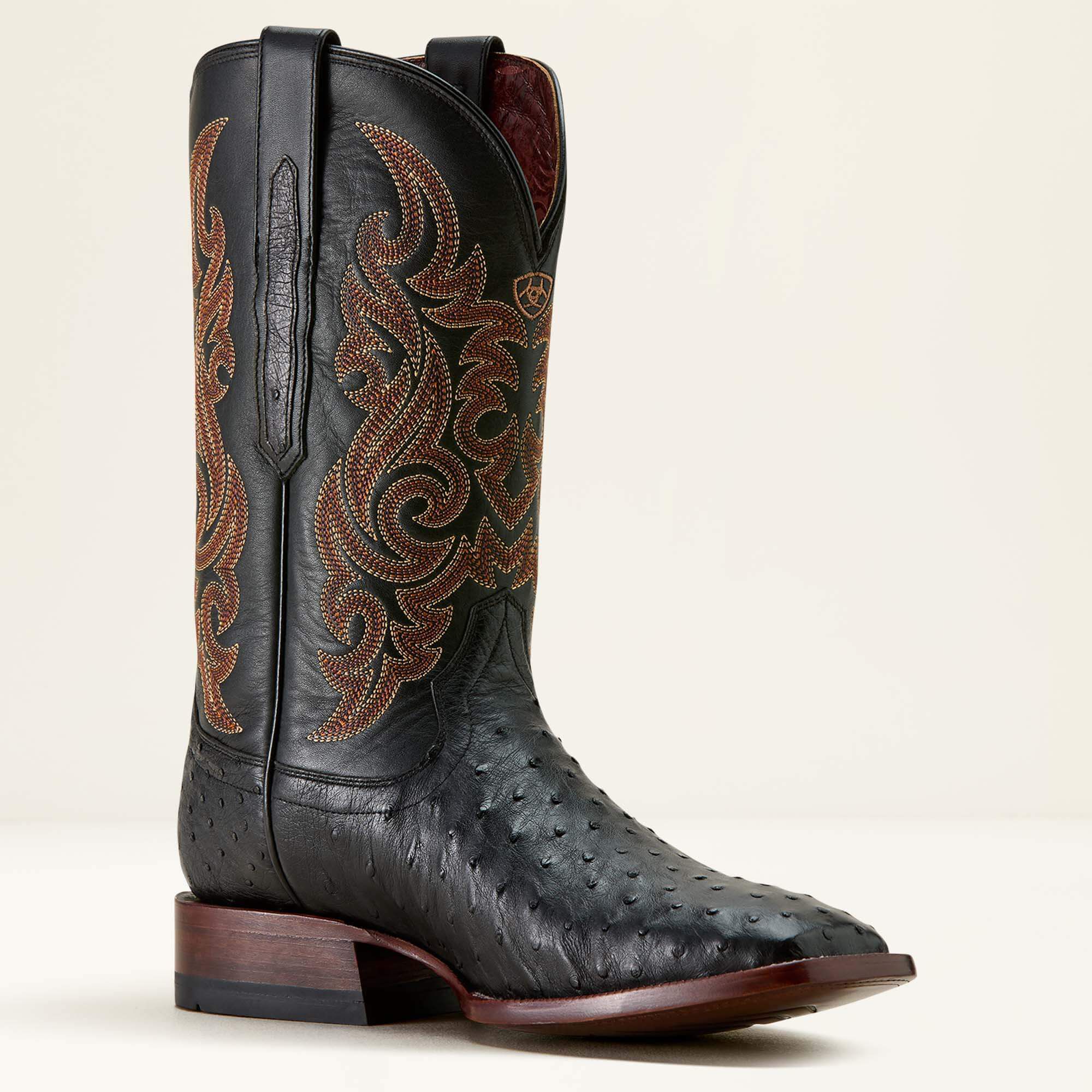 Classic Cash Wide Square Toe Western Boot Men - BLACK FULL QUILL OSTRICH/MIDNIGHT BLACK