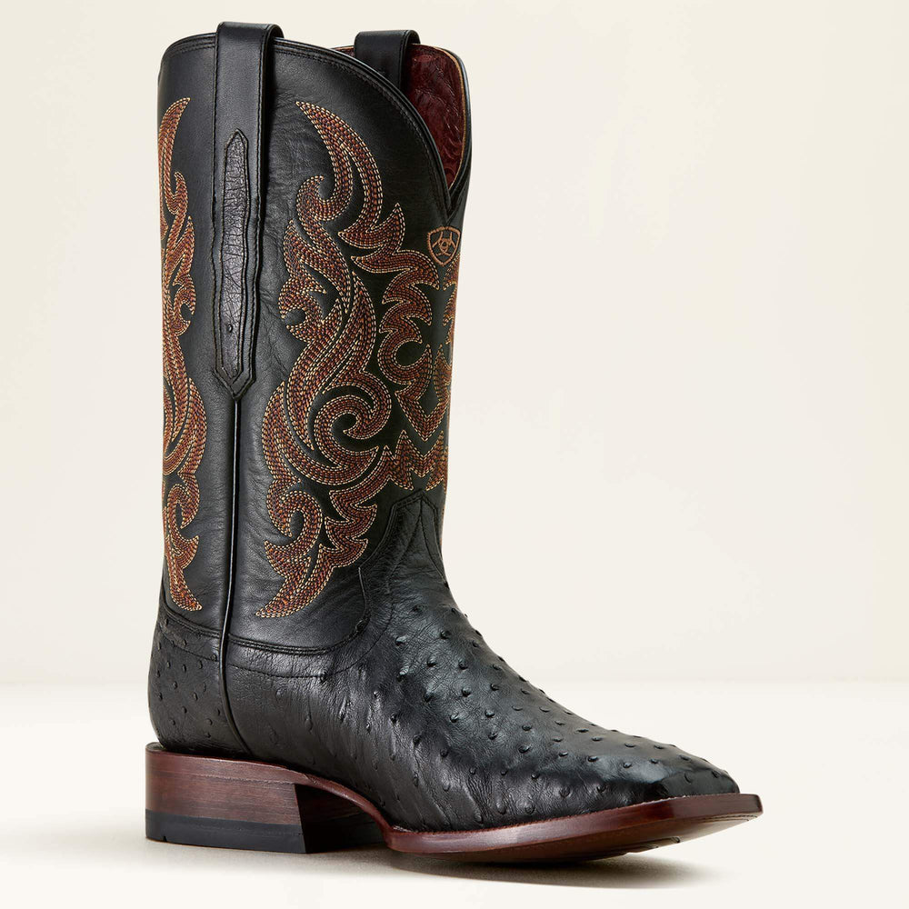 Classic Cash Wide Square Toe Western Boot Men - BLACK FULL QUILL OSTRICH/MIDNIGHT BLACK