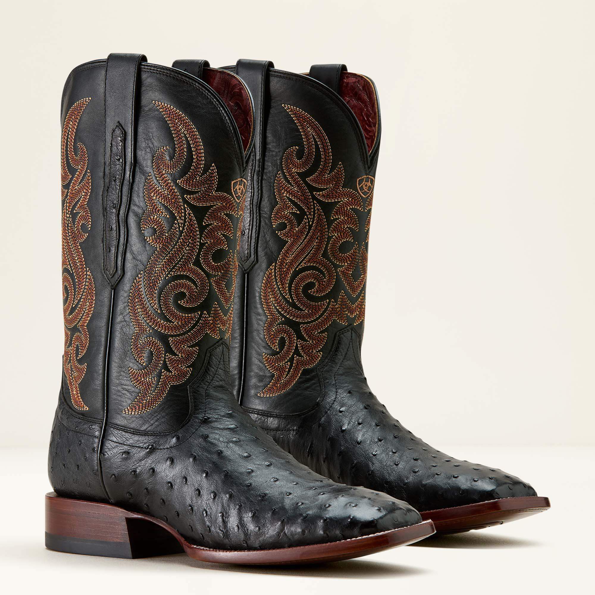 Classic Cash Wide Square Toe Western Boot Men - BLACK FULL QUILL OSTRICH/MIDNIGHT BLACK
