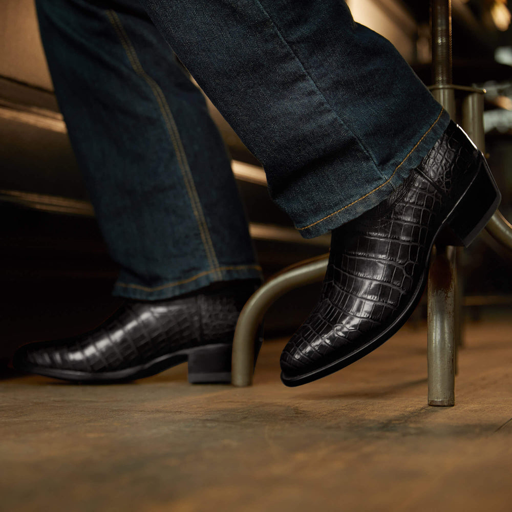 Bench Made Brewer Western Boot Men - JET BLACK NILE CROC/MIDNIGHT BLACK