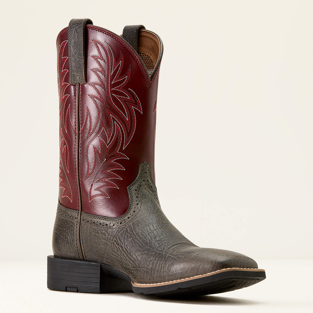 Sport Western Wide Square Toe Cowboy Boot Men - CHARCOAL GREY HIPPO PRINT/BURGUNDY HAZE