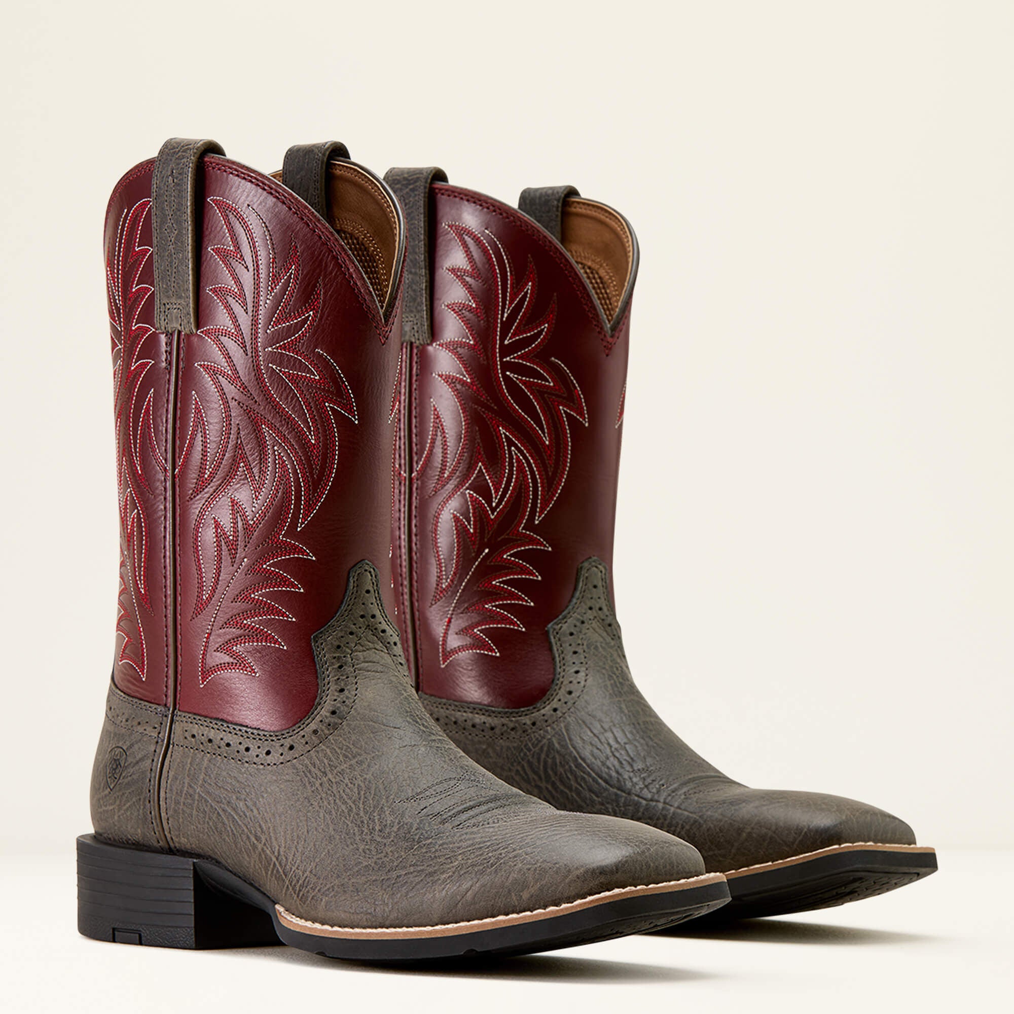 Sport Western Wide Square Toe Cowboy Boot Men - CHARCOAL GREY HIPPO PRINT/BURGUNDY HAZE