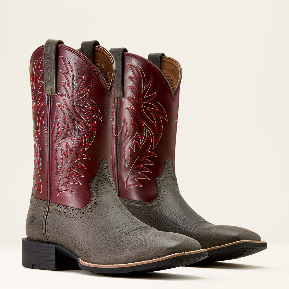 Sport Western Wide Square Toe Cowboy Boot Men - CHARCOAL GREY HIPPO PRINT/BURGUNDY HAZE