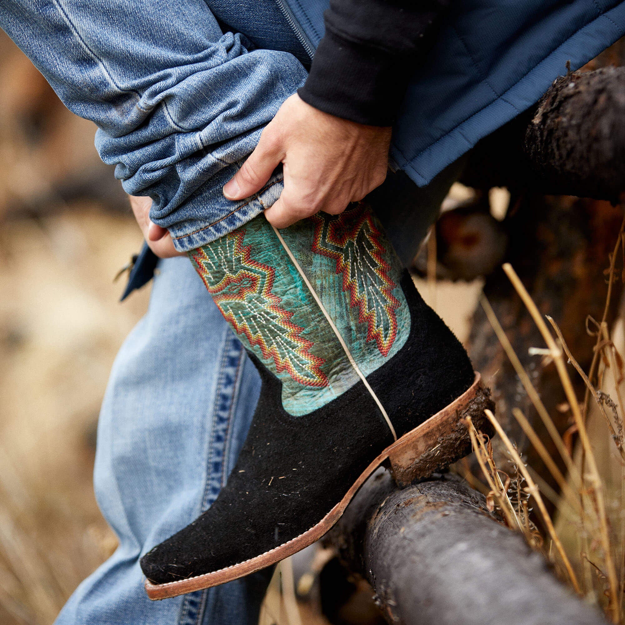 Futurity Showman Cowboy Boot Men - BLACK ROUGHOUT/ROARING TURQUOISE