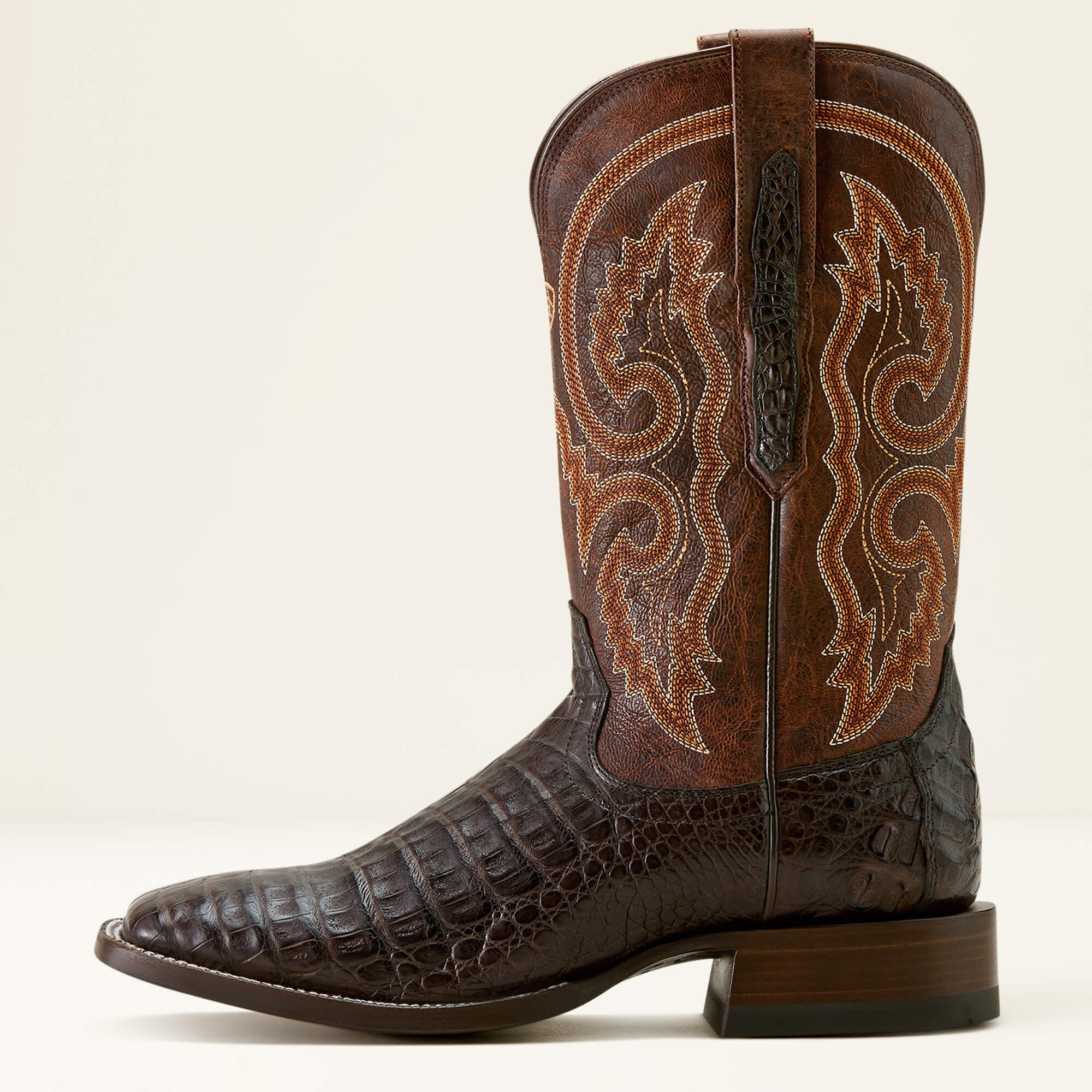Classic Callen Wide Square Toe Western Boot Men - CHOCOLATE CAIMAN BELLY/CHESTNUT BROWN