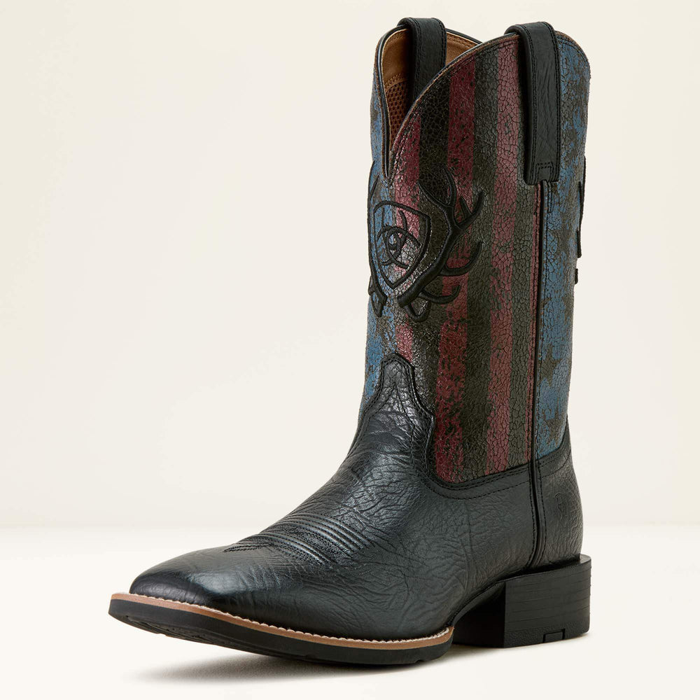 Sport Liberty Antler Wide Square Toe Cowboy Boot Men - BLACK HIPPO PRINT/MIDNIGHT FLAG