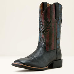 Sport Liberty Antler Wide Square Toe Cowboy Boot Men - BLACK HIPPO PRINT/MIDNIGHT FLAG
