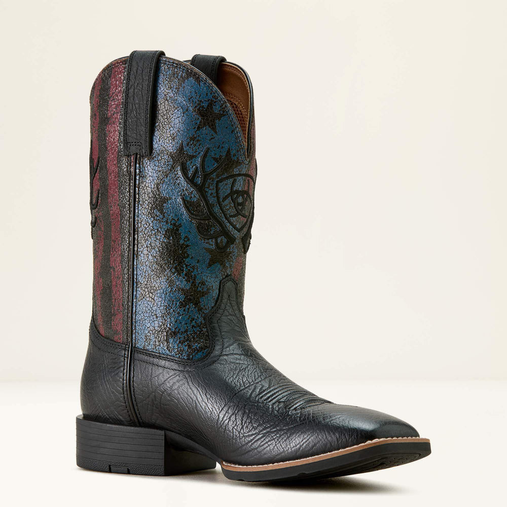 Sport Liberty Antler Wide Square Toe Cowboy Boot Men - BLACK HIPPO PRINT/MIDNIGHT FLAG