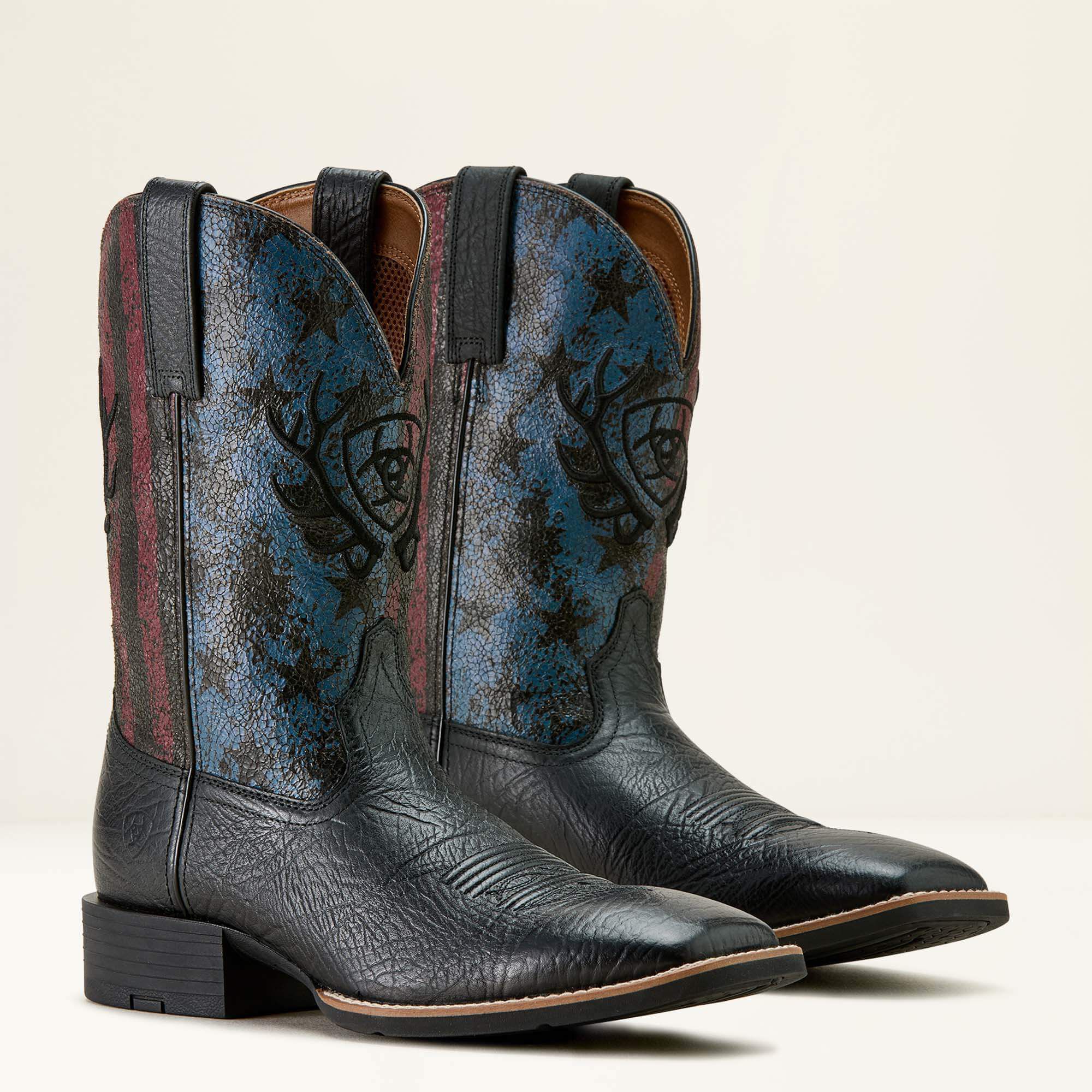 Sport Liberty Antler Wide Square Toe Cowboy Boot Men - BLACK HIPPO PRINT/MIDNIGHT FLAG