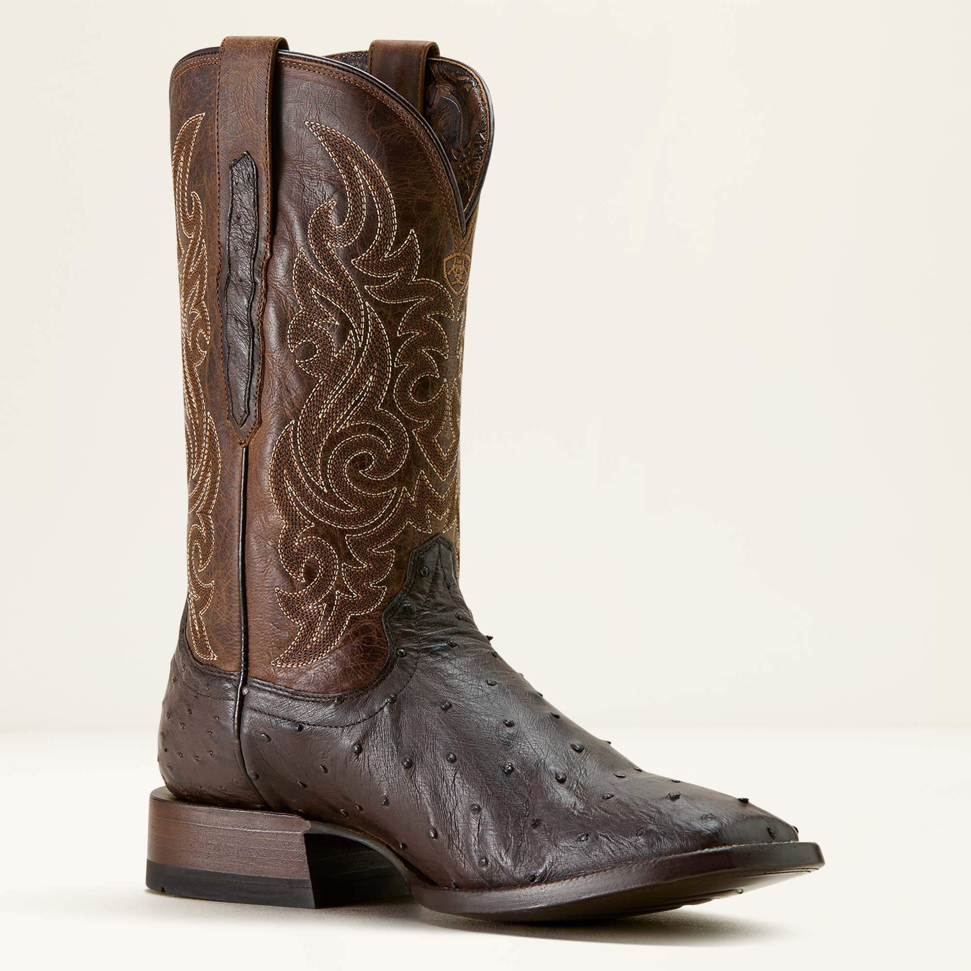 Classic Cash Wide Square Toe Western Boot Men - CIGAR FULL QUILL OSTRICH/LOCO BROWN