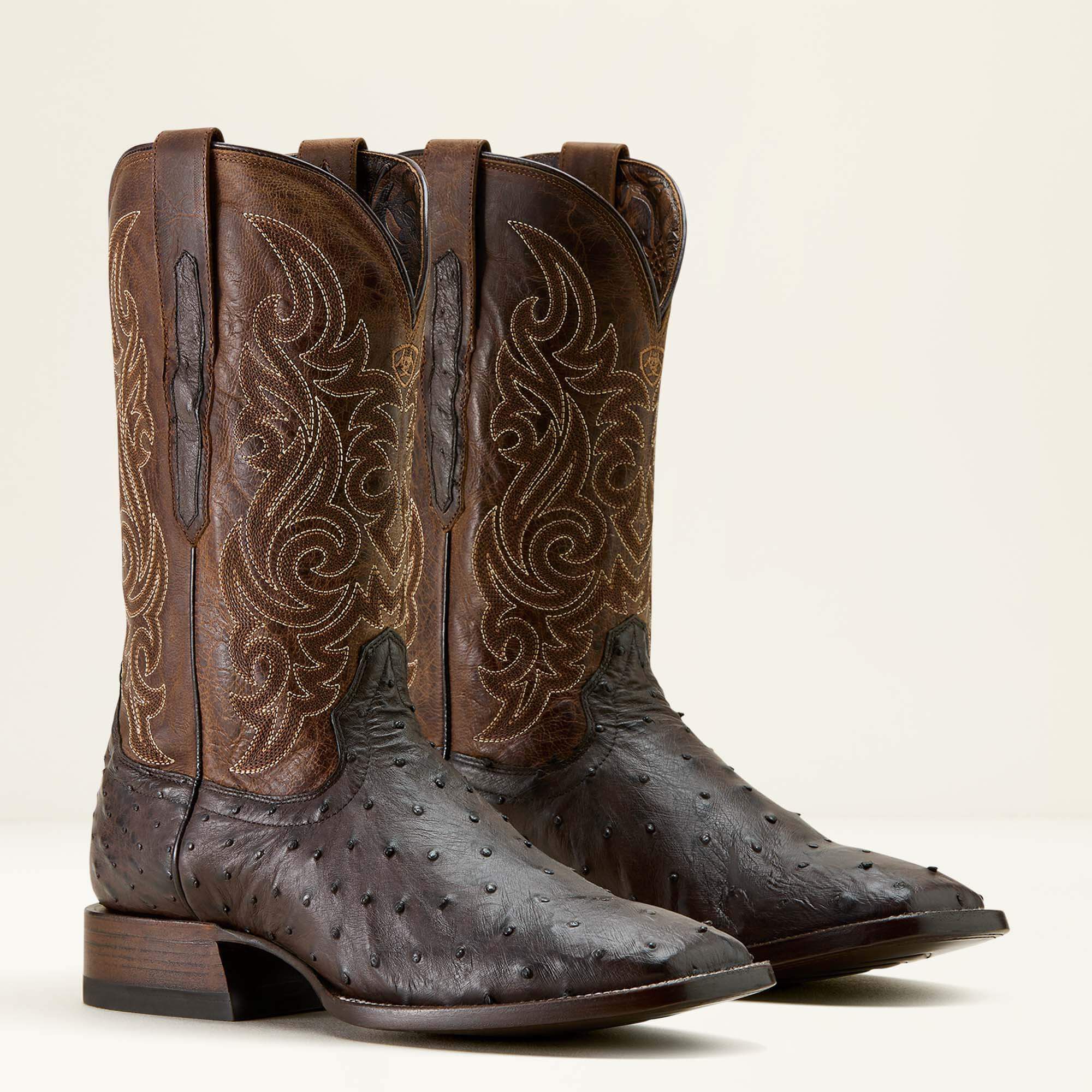 Classic Cash Wide Square Toe Western Boot Men - CIGAR FULL QUILL OSTRICH/LOCO BROWN