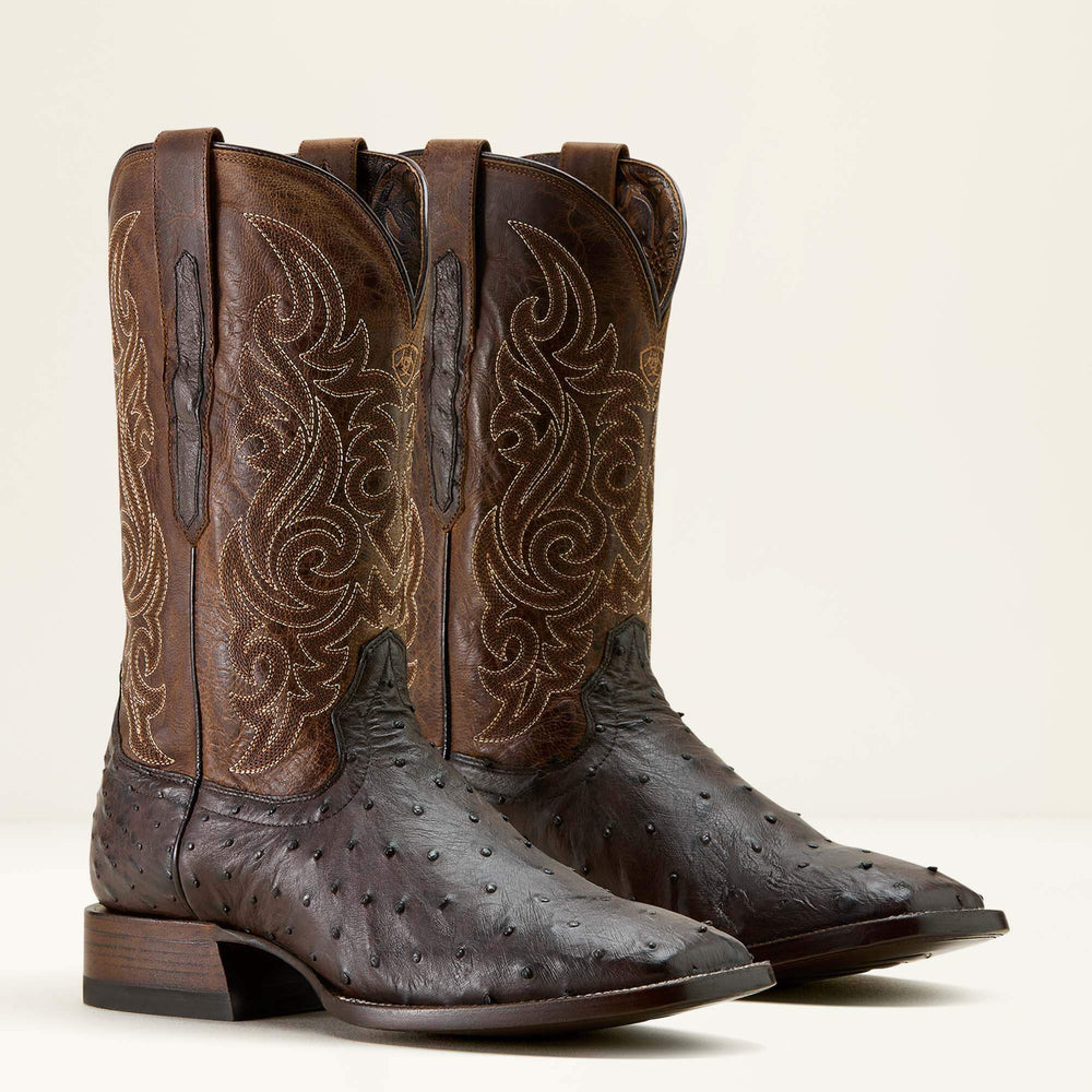 Classic Cash Wide Square Toe Western Boot Men - CIGAR FULL QUILL OSTRICH/LOCO BROWN