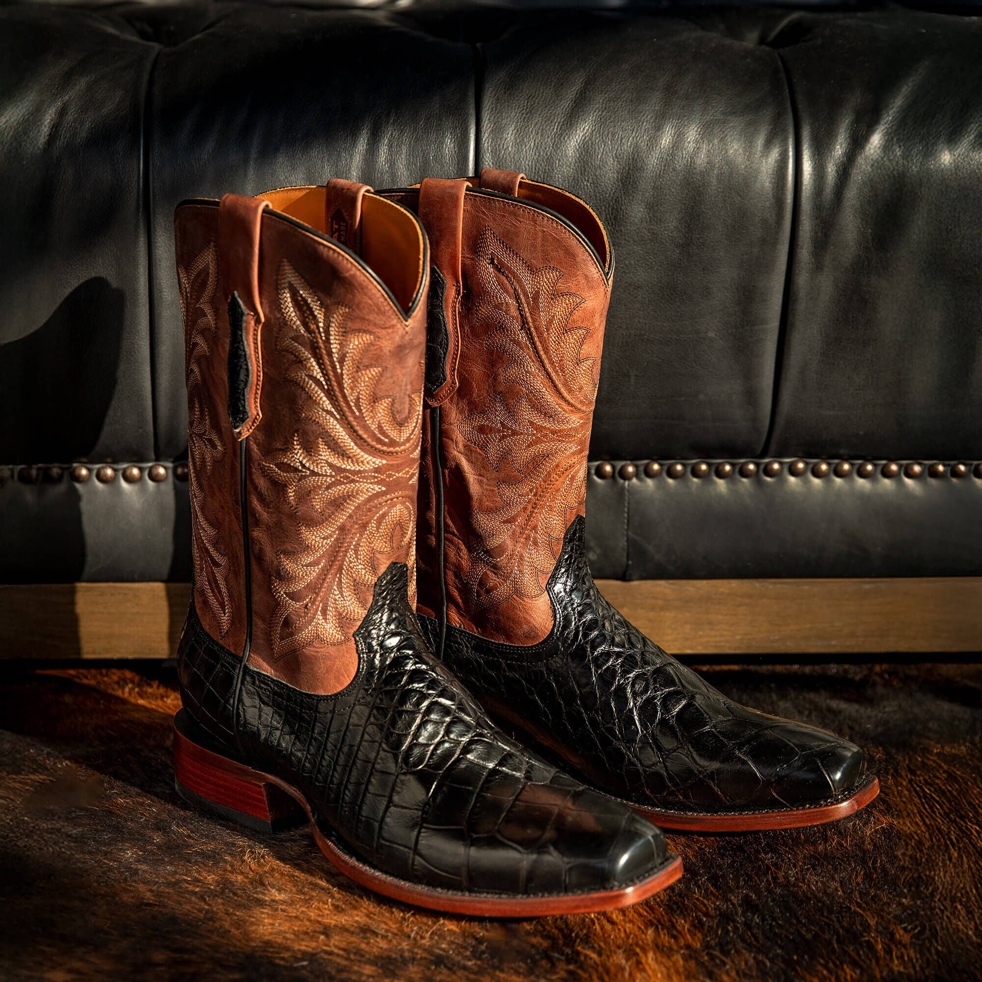Bench Made Stilwell Western Boot Men - BLACK AMERICAN ALLIGATOR/WHISKEY BROWN