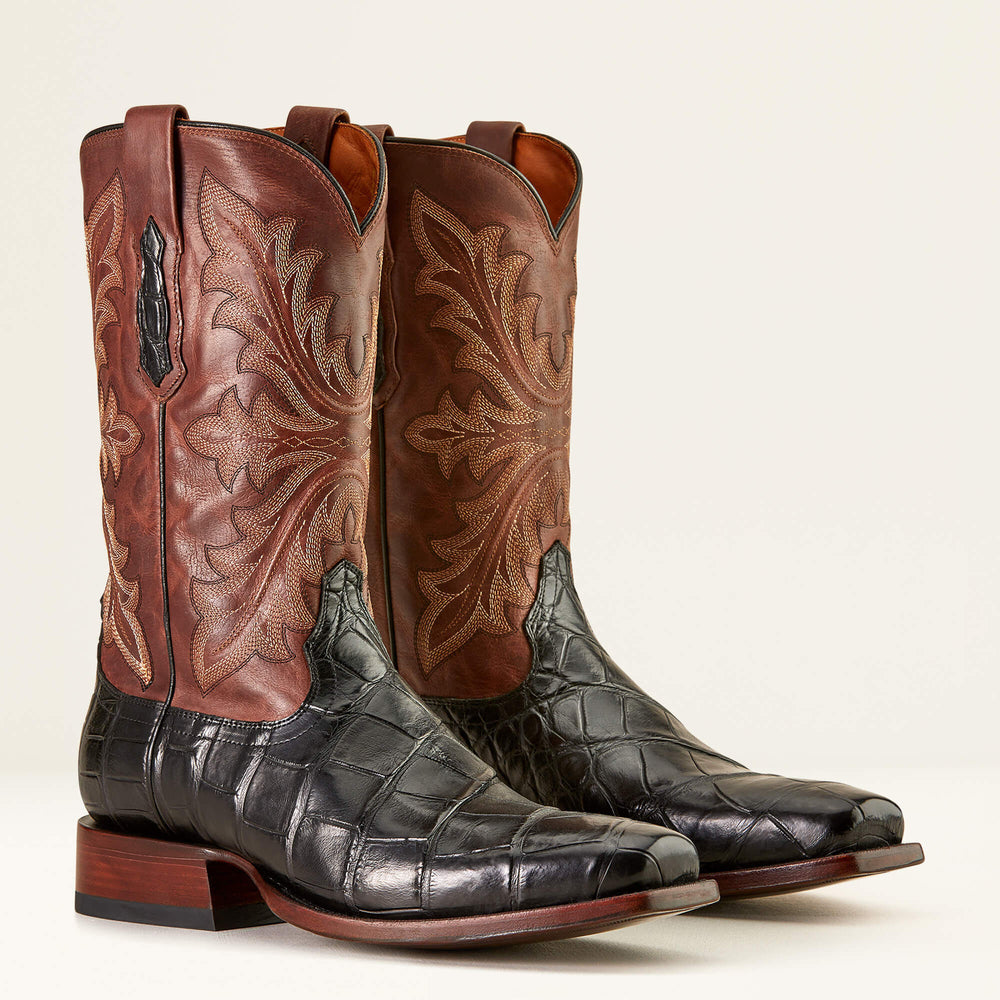 Bench Made Stilwell Western Boot Men - BLACK AMERICAN ALLIGATOR/WHISKEY BROWN