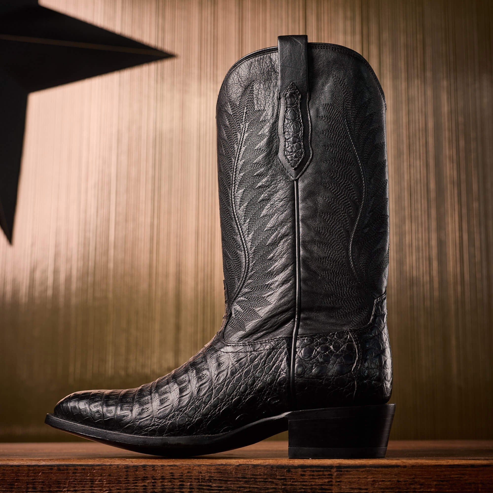 Bench Made Ketchum French Toe Western Boot Men - BLACK CAIMAN BELLY/MIDNIGHT BLACK