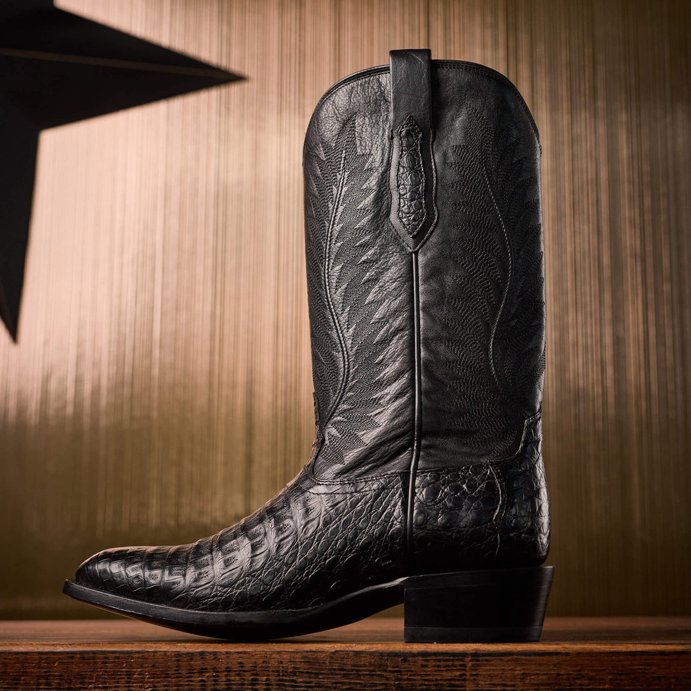 Bench Made Ketchum French Toe Western Boot Men - BLACK CAIMAN BELLY/MIDNIGHT BLACK