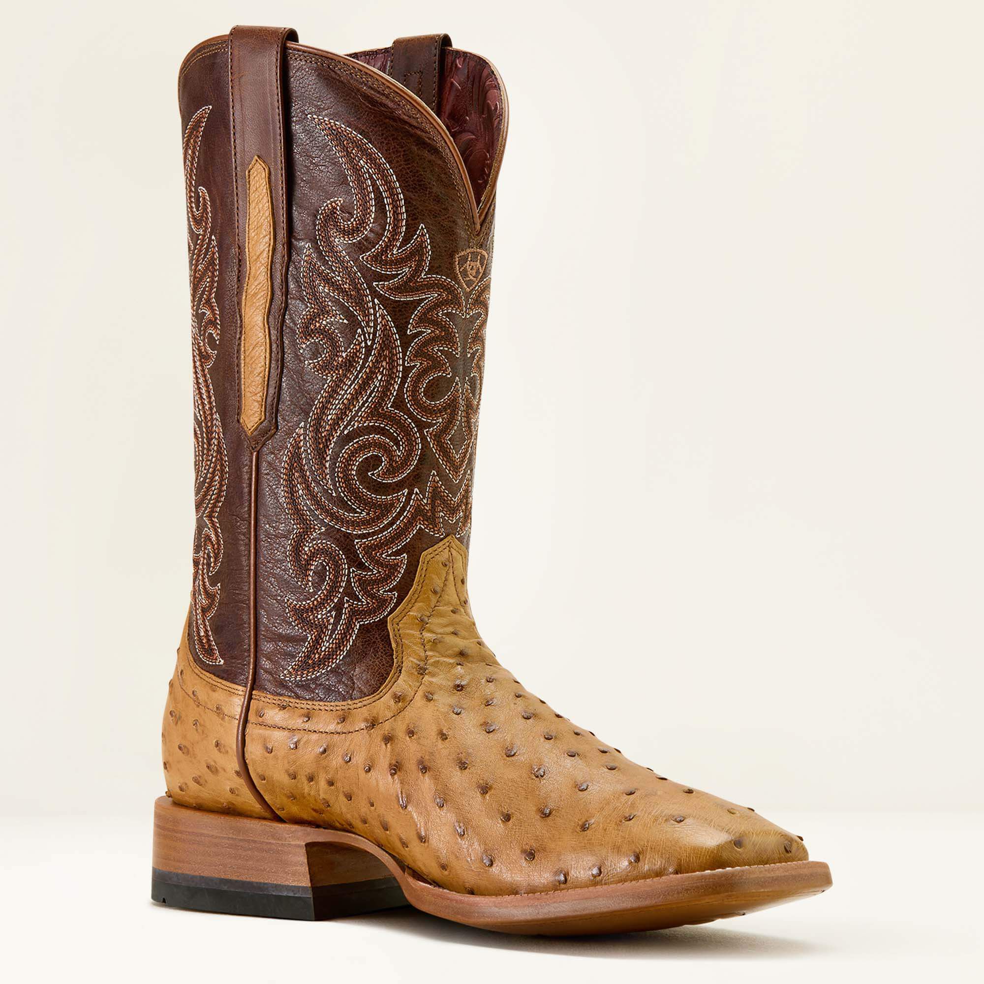 Classic Cash Wide Square Toe Western Boot Men - TAN FULL QUILL OSTRICH/HICKORY SMOKE
