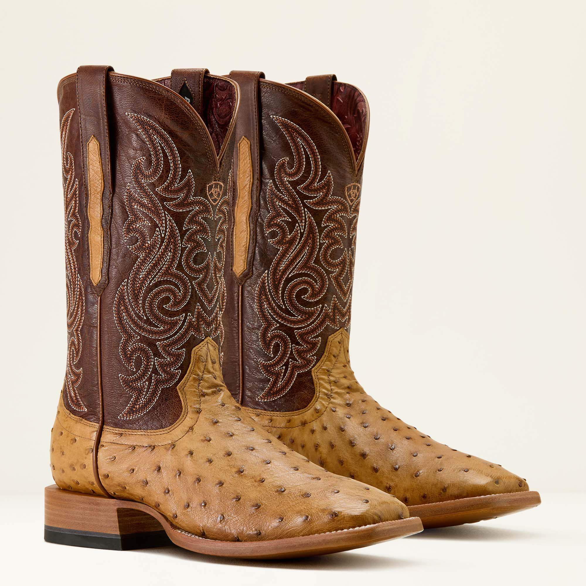 Classic Cash Wide Square Toe Western Boot Men - TAN FULL QUILL OSTRICH/HICKORY SMOKE
