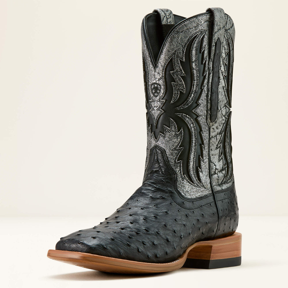 Drifter Cowboy Boot Men - BLACK FULL QUILL OSTRICH/SILVER METALLIC