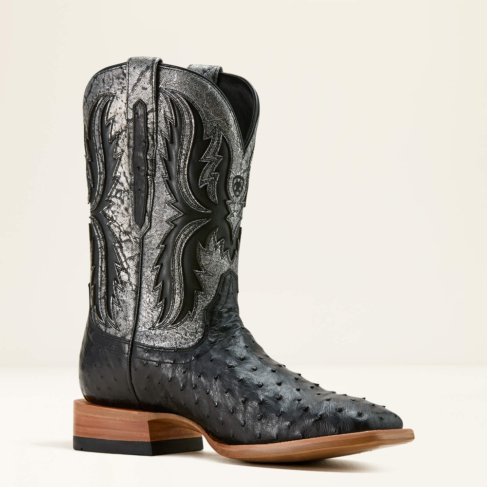 Drifter Cowboy Boot Men - BLACK FULL QUILL OSTRICH/SILVER METALLIC