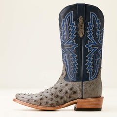 Futurity Relentless Buckles Cowboy Boot Men - GREY FULL QUILL OSTRICH/BARK BLUE