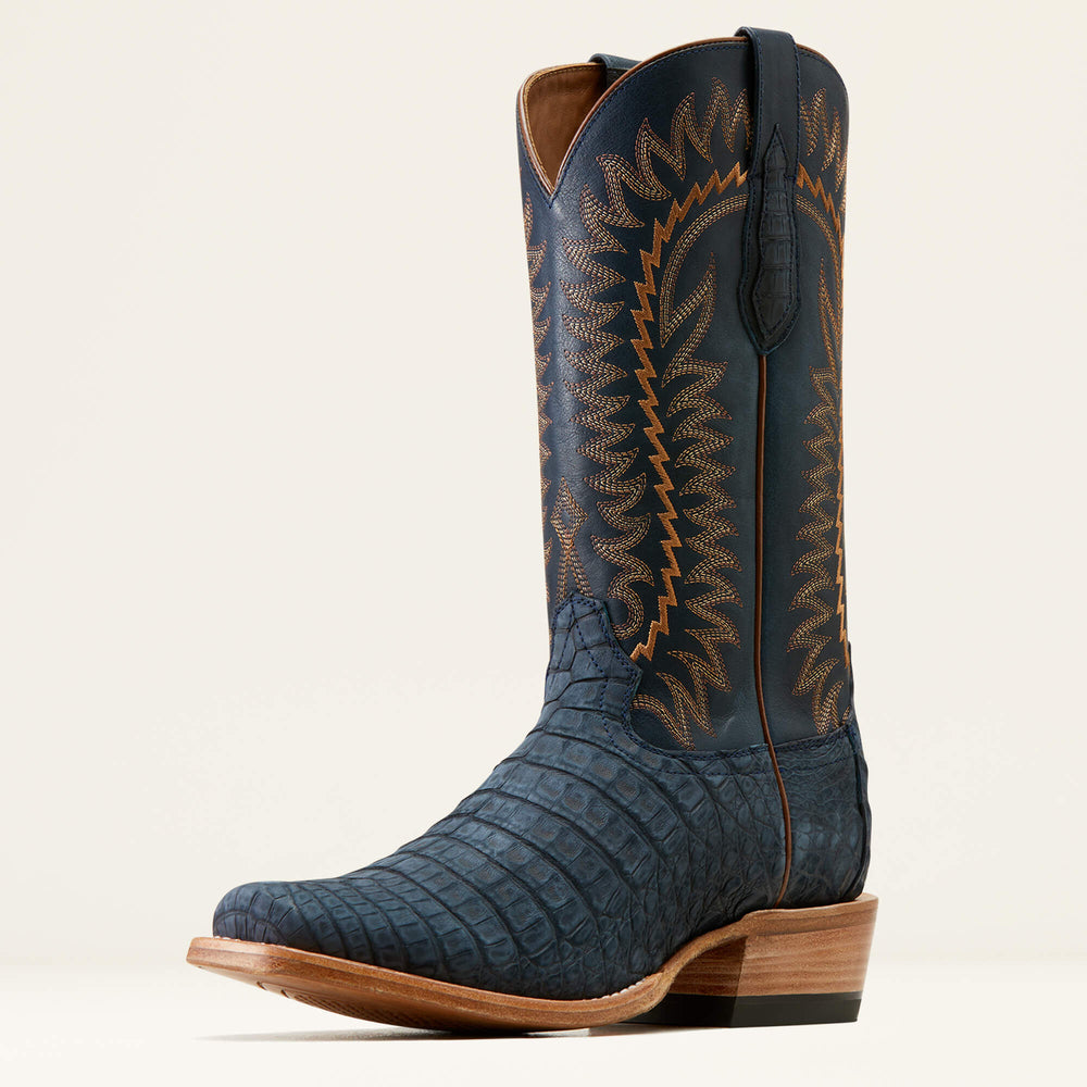 Futurity Finalist Narrow Cutter Toe Cowboy Boot Men - NAVY SUEDED CAIMAN BELLY/PREMIUM DENIM