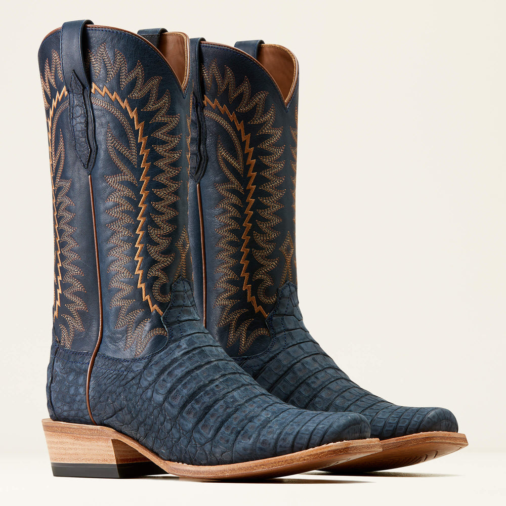 Futurity Finalist Narrow Cutter Toe Cowboy Boot Men - NAVY SUEDED CAIMAN BELLY/PREMIUM DENIM