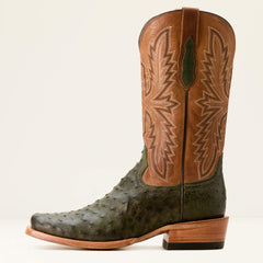 Futurity Relentless Buckles Cowboy Boot Men - OLIVE FULL QUILL OSTRICH/WINDSOR TAN