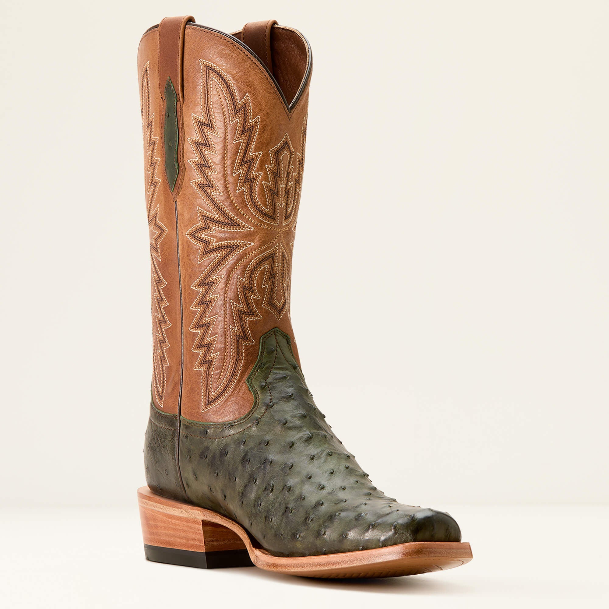 Futurity Relentless Buckles Cowboy Boot Men - OLIVE FULL QUILL OSTRICH/WINDSOR TAN