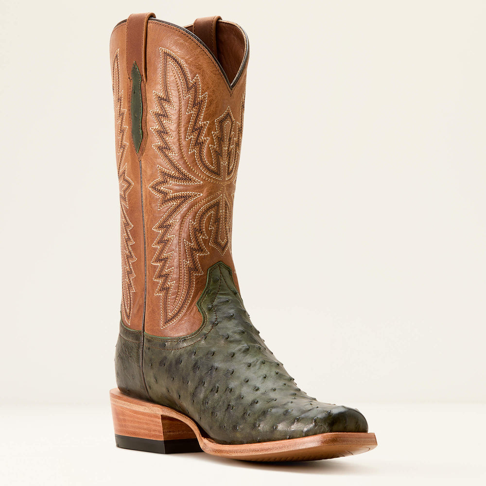 Futurity Relentless Buckles Cowboy Boot Men - OLIVE FULL QUILL OSTRICH/WINDSOR TAN