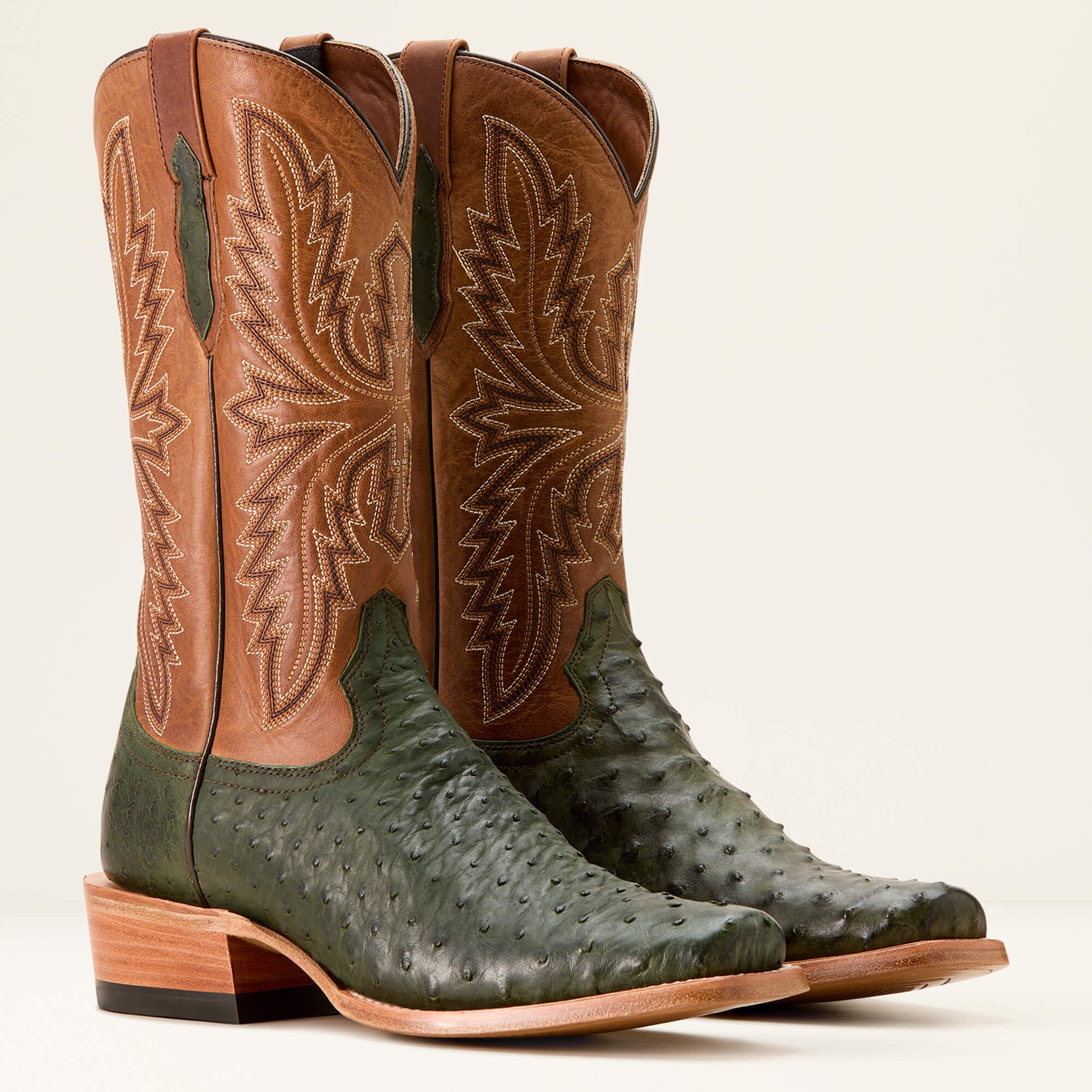 Futurity Relentless Buckles Cowboy Boot Men - OLIVE FULL QUILL OSTRICH/WINDSOR TAN
