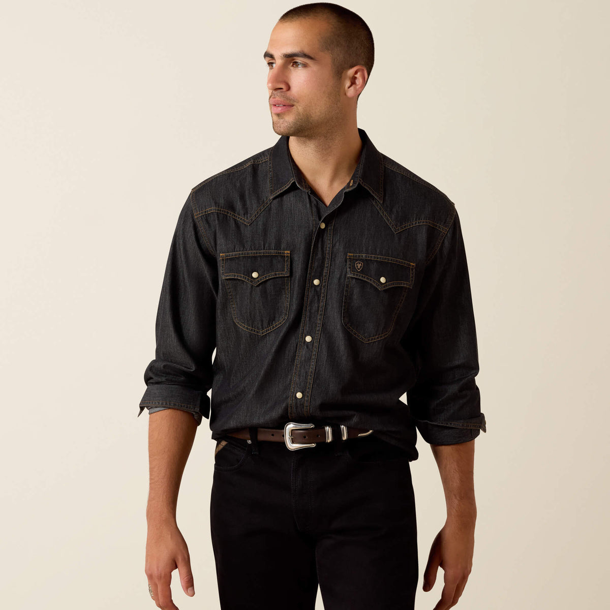 Retro Halford Fitted Snap Shirt Men - DARK GREY CHAMBRAY