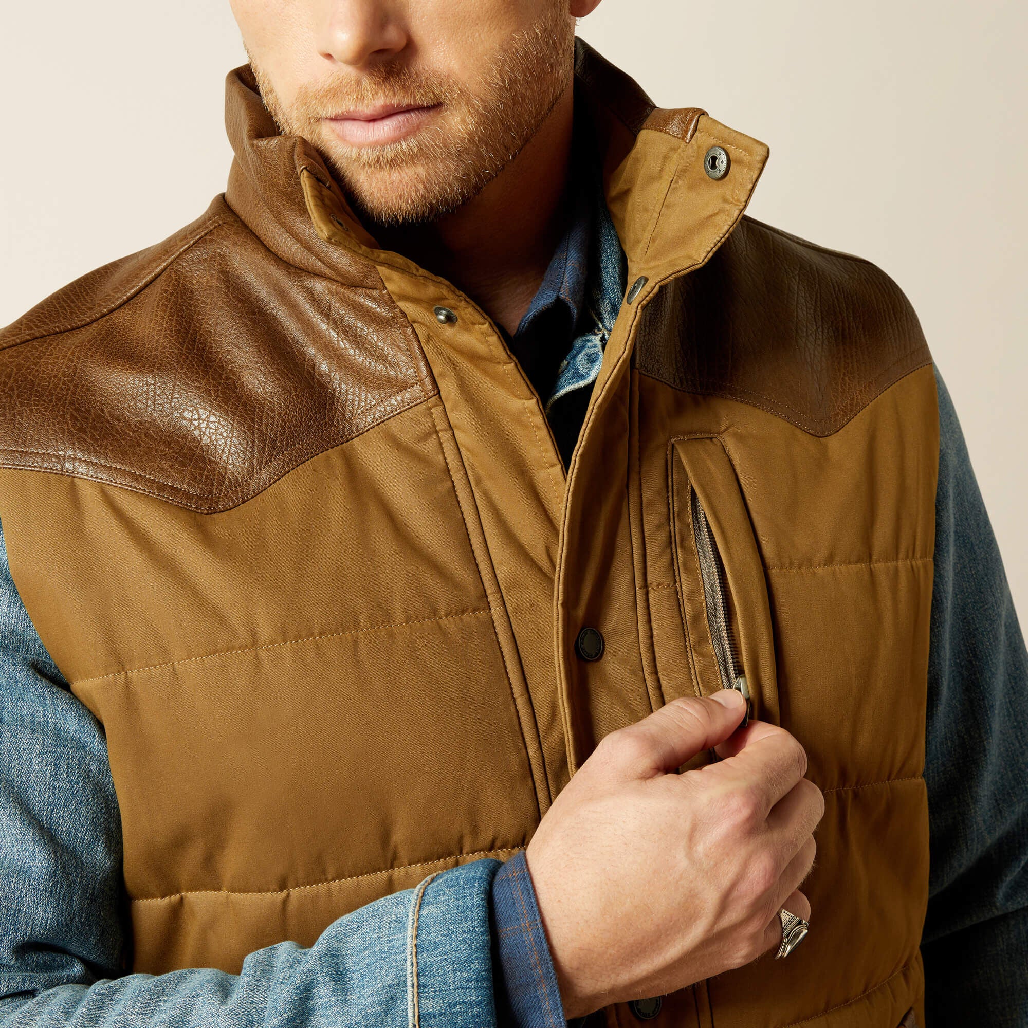 Western Quilted Vest Men - CUB KHAKI/BROWN