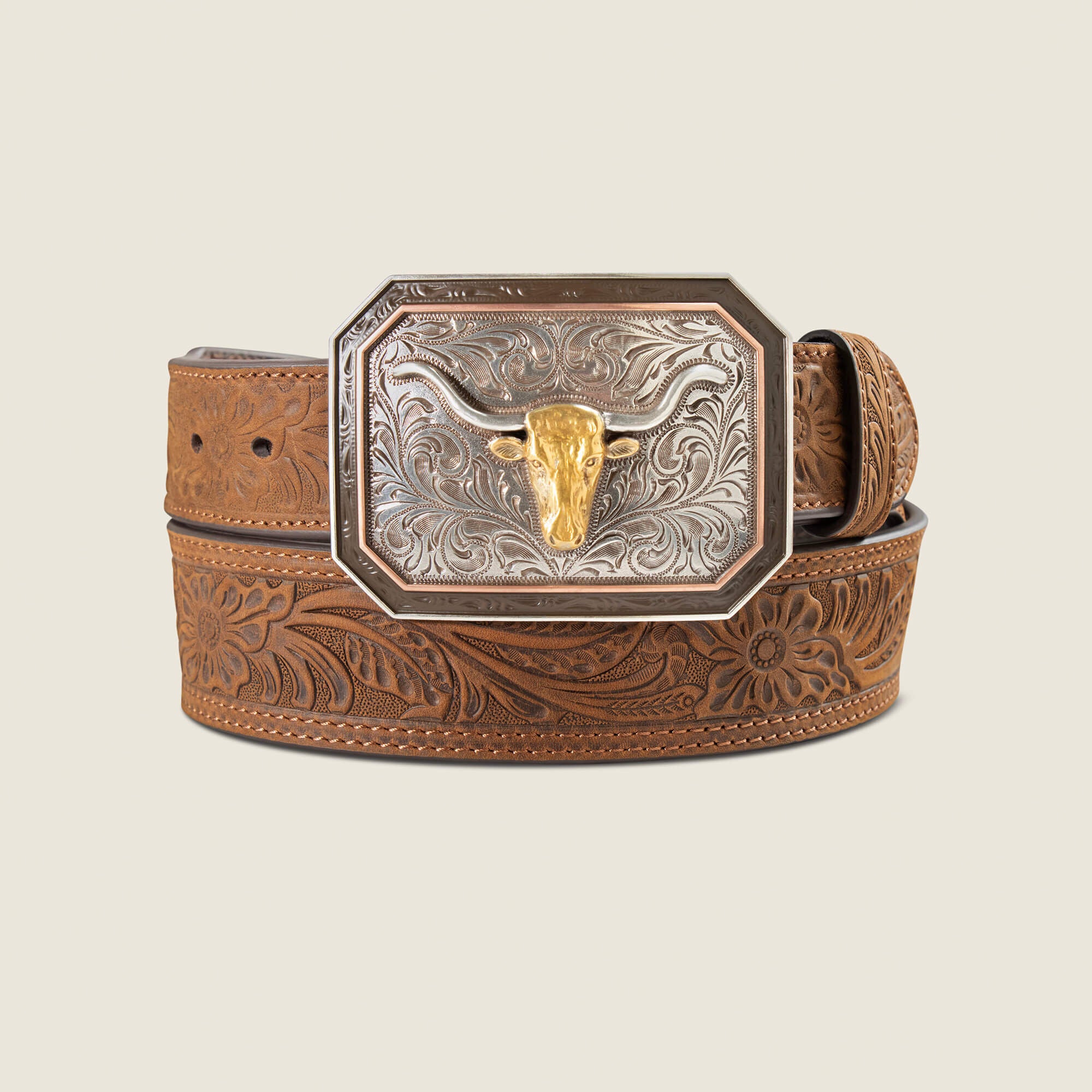 Floral Embossed Belt Men - BROWN