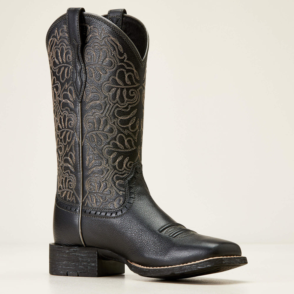 Round Up Remuda Wide Square Toe Western Boot Women - BLACK DEERTAN
