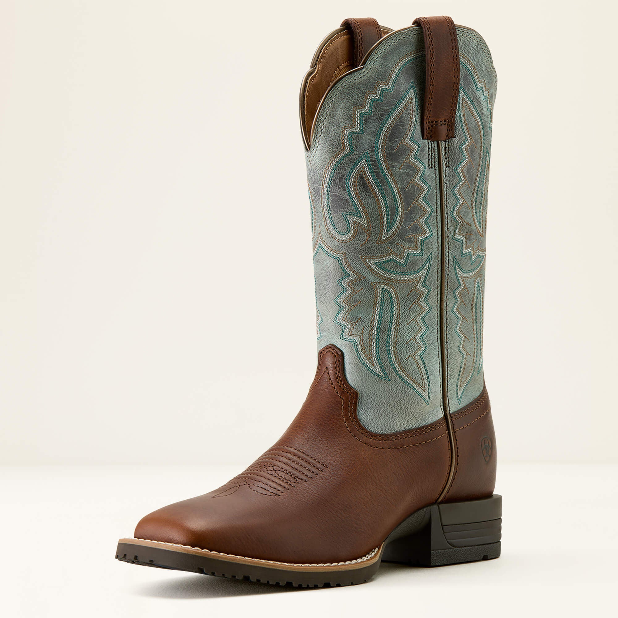 Hybrid Ranchwork Wide Square Toe Western Boot Women - PEANUT/WORN DENIM