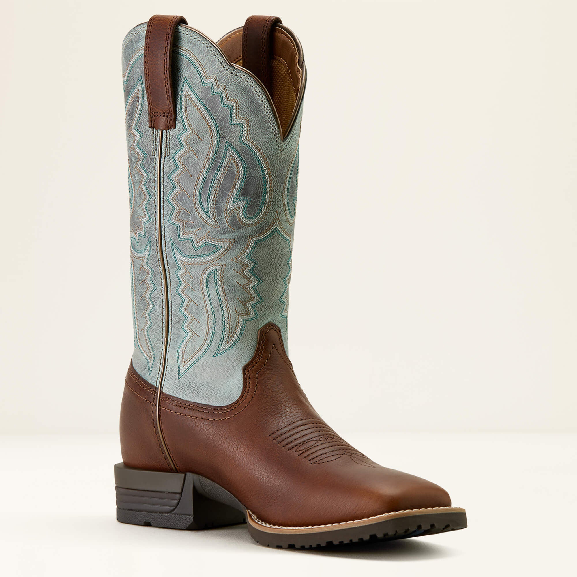 Hybrid Ranchwork Wide Square Toe Western Boot Women - PEANUT/WORN DENIM