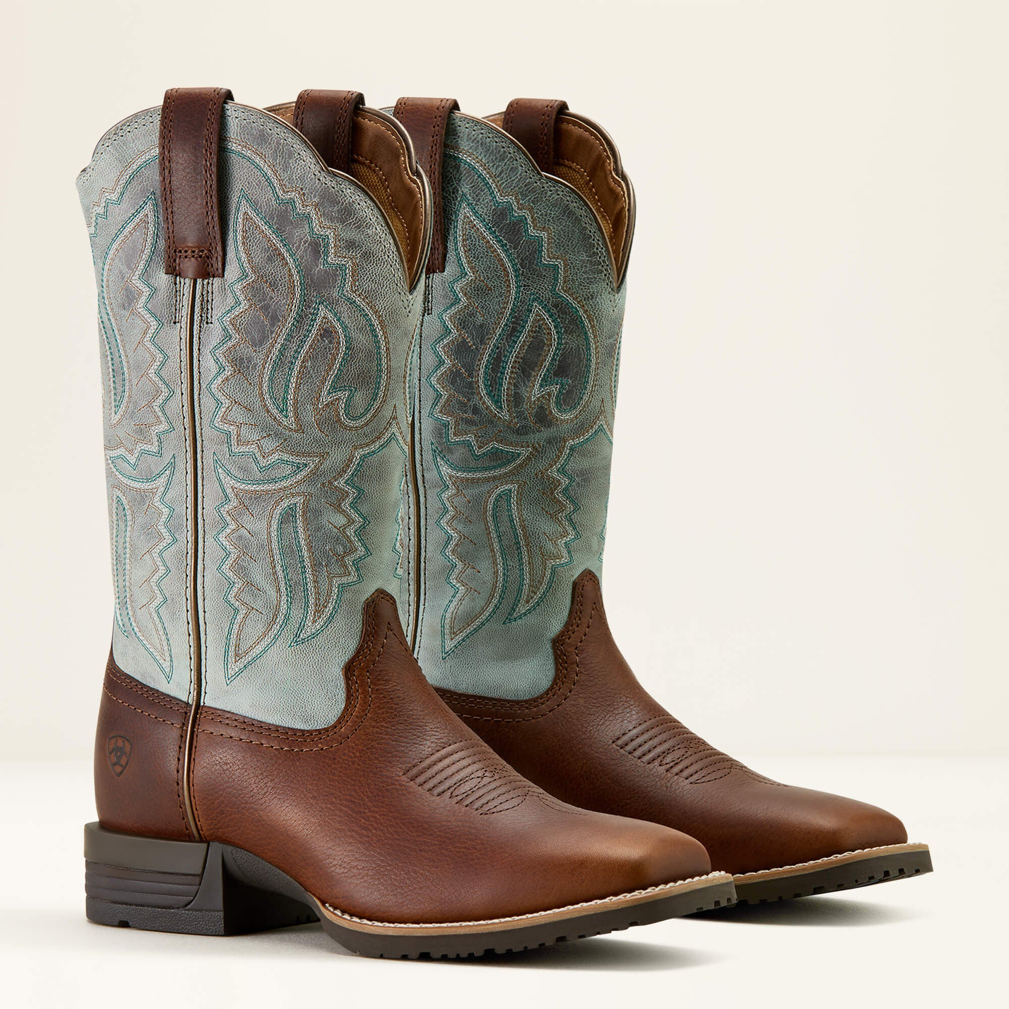 Hybrid Ranchwork Wide Square Toe Western Boot Women - PEANUT/WORN DENIM