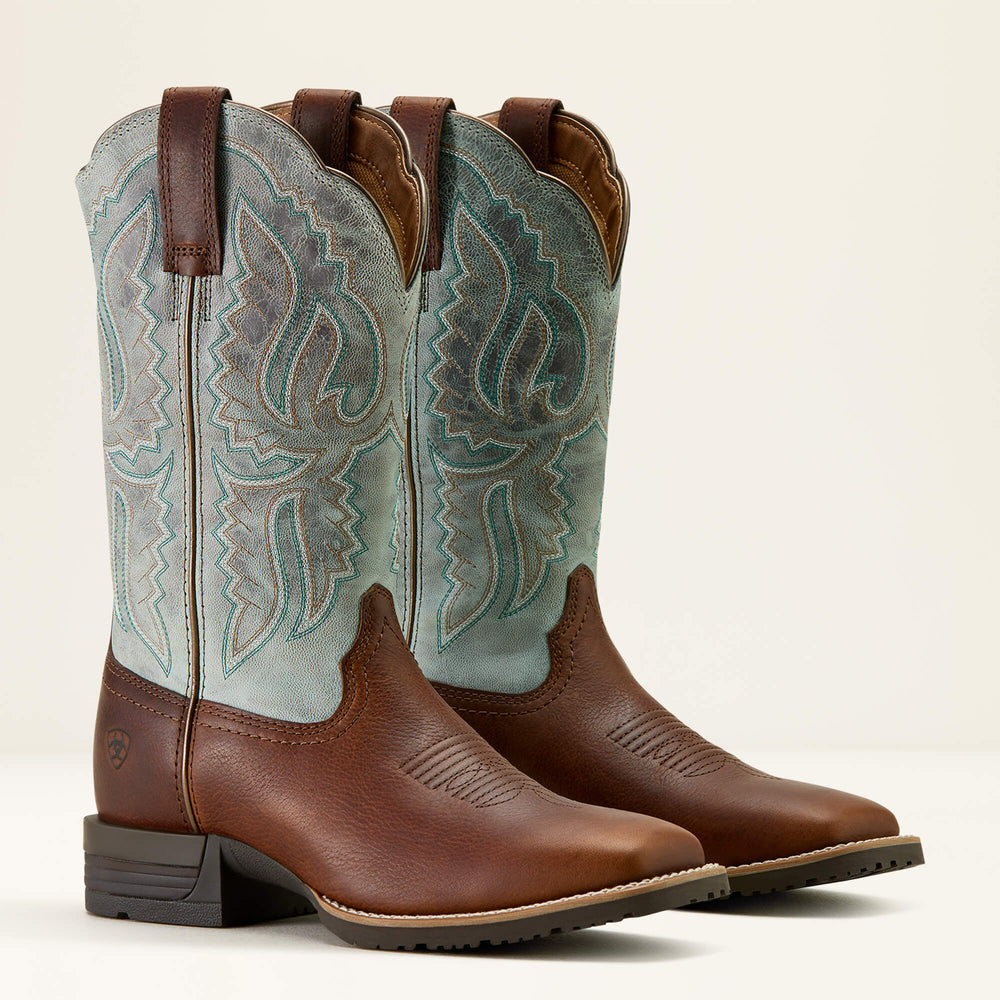 Hybrid Ranchwork Wide Square Toe Western Boot Women - PEANUT/WORN DENIM