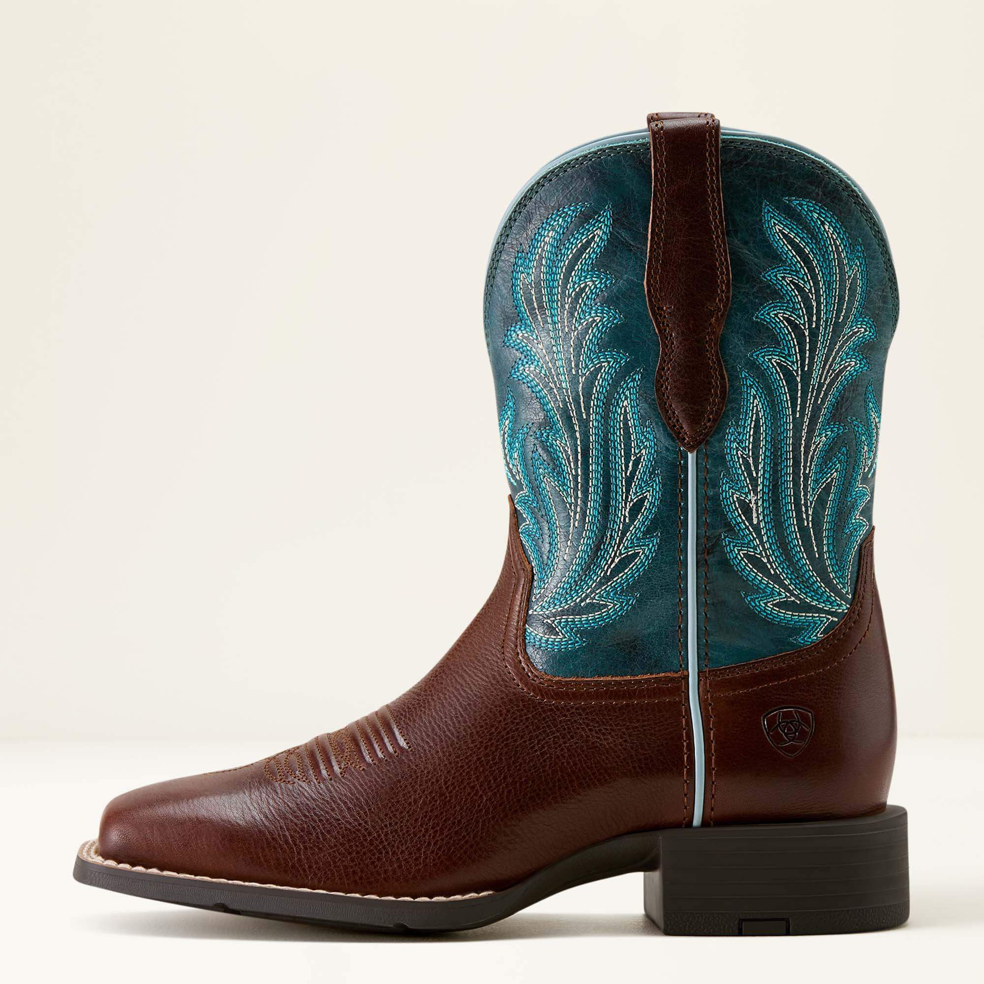 Round Up Filly Wide Square Toe Western Boot Women - OILED TEAK/LOYAL BLUE