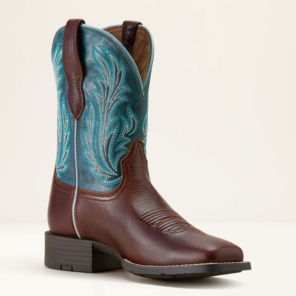 Round Up Filly Wide Square Toe Western Boot Women - OILED TEAK/LOYAL BLUE