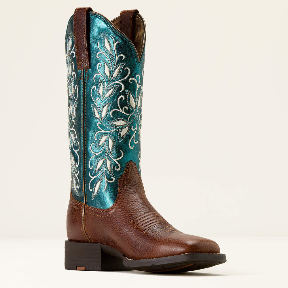 Round Up Holly Wide Square Toe Western Boot Women - BEASTY BROWN/METALLIC SEA