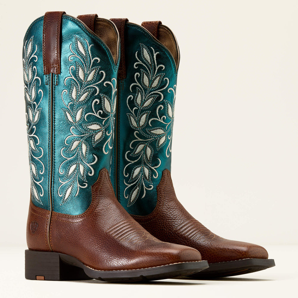 Round Up Holly Wide Square Toe Western Boot Women - BEASTY BROWN/METALLIC SEA