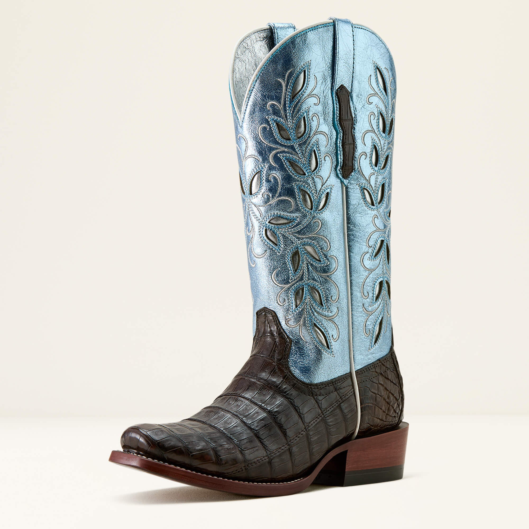 Futurity Silk Narrow Cutter Toe Western Boot Women - CHOCOLATE ESPRESSO CAIMAN/ANGELIC BLUE