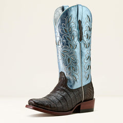 Futurity Silk Narrow Cutter Toe Western Boot Women - CHOCOLATE ESPRESSO CAIMAN/ANGELIC BLUE