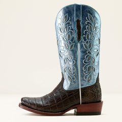 Futurity Silk Narrow Cutter Toe Western Boot Women - CHOCOLATE ESPRESSO CAIMAN/ANGELIC BLUE